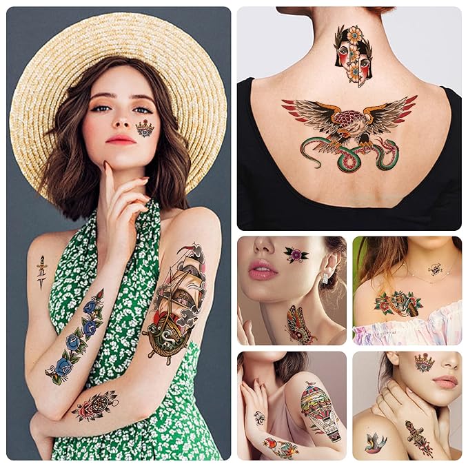 77 sheets Classic Temporary Tattoos Adult, Old School Tattoos Stickers, Sailor Jerry Style Fake Tattoo, American Traditional Flower Rose Arm Temporary Tattoos for Women Men Kids