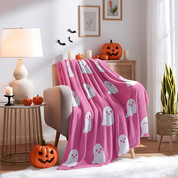 Funny Horror Ghost Fleece Blanket - Cozy and Warm Throw Blanket - Perfect for Halloween and Spooky Decor, W60 x L80