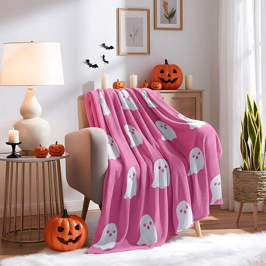 Funny Horror Ghost Fleece Blanket - Cozy and Warm Throw Blanket - Perfect for Halloween and Spooky Decor, W60 x L80