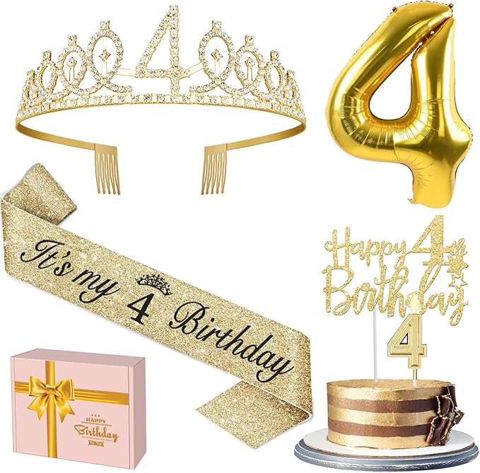 4th Birthday Decorations for Girl with 4th Birthday Sash and Crown, Candle and Cake Topper, Number Balloon, 4 Year Old Girl Gifts