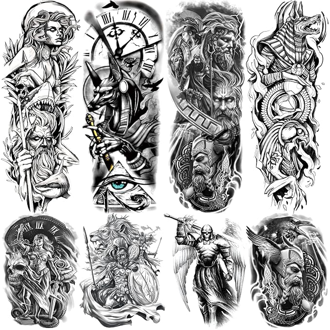 Greek Warrior Temporary Tattoo Sleeve for Men, 4-Sheet Full Arm Large Realistic Poseidon Knight Fake Tattoo Sleeve Adult Women and 4-Sheet Black Eye Greek Myth Half Arm Temp Tatoo Sticker Leg Body Art