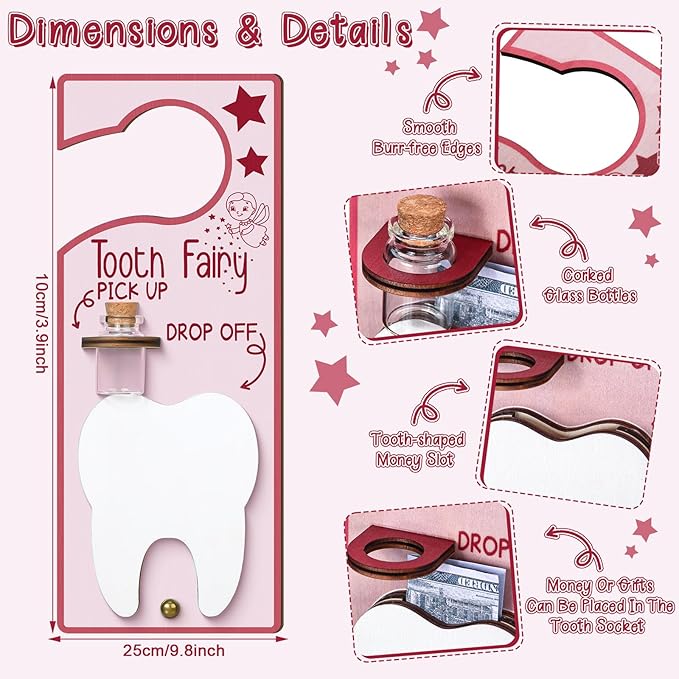 Tooth Fairy Holder Bag Door Hanger with Money Slot Keepsake Bottle Velvet Pouch Teeth Fairy Box Encourage Gift for Lost Teeth Boy Girl Milk (Fresh,Pink)