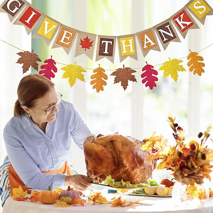 Give Thanks Burlap Banner Thanksgiving Decorations Maple Leaves Glitter Banner for Thanksgiving Party Fall Harvest Supplies Fireplace Mantle Decor