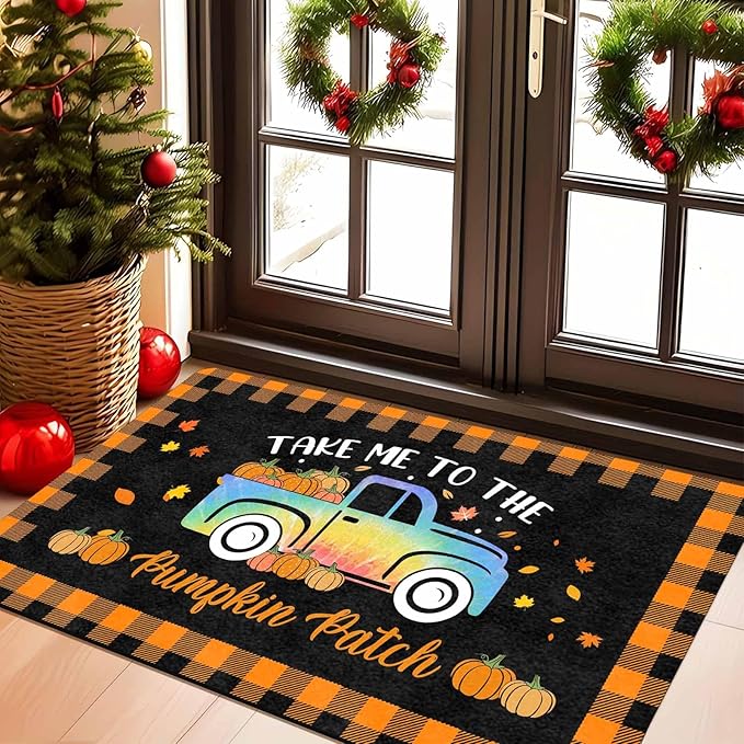 Fall Welcome Maple Leafs Decorative Door Mat, Autumn Thanksgiving Doormat for Indoor Outdoor Entrance Floor Mats,Fall Pumpkins Non Slip Harvest Vintage Decor Rubber Welcome Mats 16" x 24" Inch