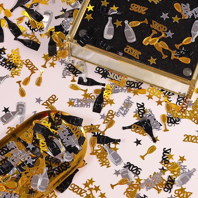 2026 New Years Confetti, 2.12 oz Shinny Metallic 2026 Happy New Year Stars Bottles Mixed Confetti for Tables 2026 New Year Decorations New Years Eve Party Supplies | Silver Black Gold