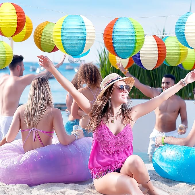 Pool & Beach Theme Birthday Party Decorations – 15PCS 8" Colorful Hanging Paper Lanterns for Tropical, Luau, Hawaiian, Summer & Indoor/Outdoor Events