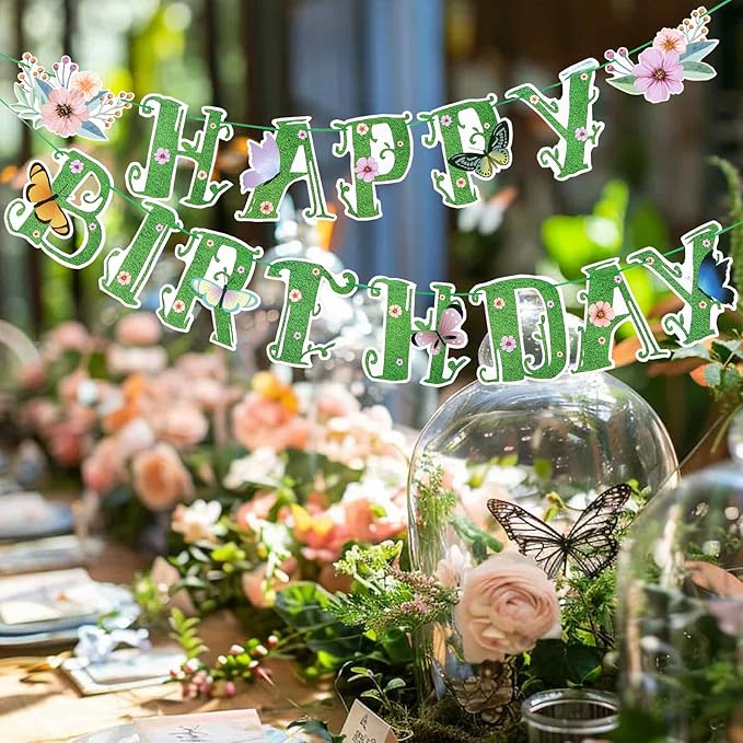 SUNBEAUTY Summer Wildflower Happy Birthday Banner Green Spring Butterfly Flowers Banner Summer Spring Butterfly Birthday Garland Sign Party Decorations Set | Pre-Strung