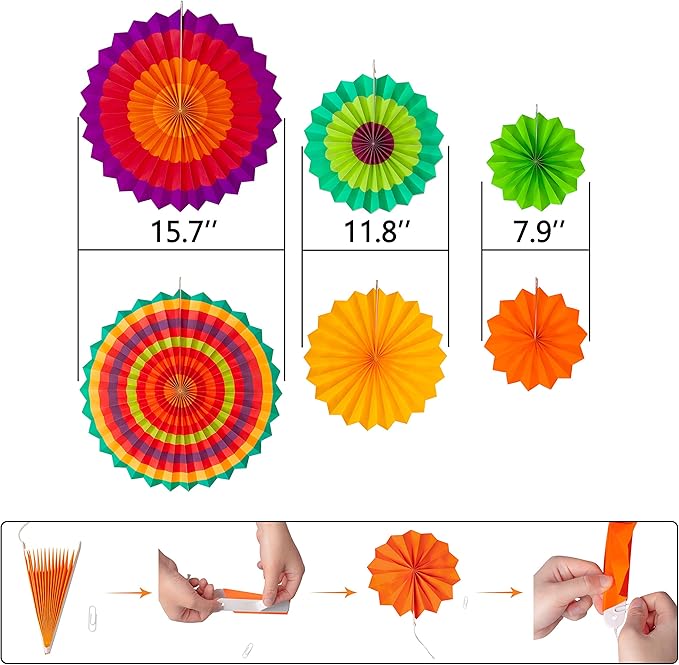35PCS Fiesta Paper Fan Party Decorations Set - Cinco De Mayo Pom Poms,Pennant,Garland String,Banner,Hanging Swirls Hispanic Heritage Month Decor Supplies,Multicolored