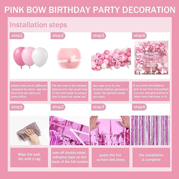 Pink Bow Birthday Party Decorations for women,Fringe Curtains Happy Birthday Banner,Pink balloons,Cake Toppers for girls