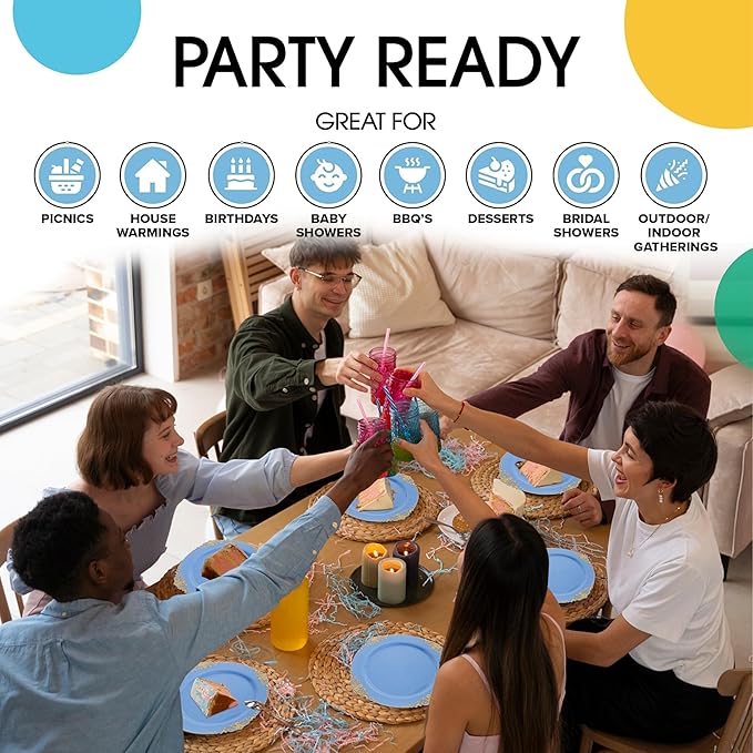 125PCS Blue and Gold Plastic Plates - Airy Blue Disposable Plate - Gorgeous Plates with Gold Plastic Silverware Sets for 25 Guests for Party & Wedding & Spring