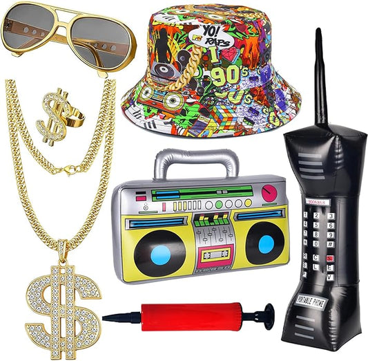 80s 90s Hip Hop Costume Accessories Set - 7 Pcs Rapper Party Outfit Kit with Inflatable Radio & Cell Phone, Dollar Necklace & Ring, 90s Style Bucket Hat, Retro Sunglasses & Air Pump