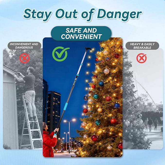 12 FT Telescopic Christmas Light Pole with Hook | Lightweight Aluminum Extension Pole for Outdoor String Lights, Holiday Decorations, Bird Feeders | Ladderless High Reach Tool with Universal Thread