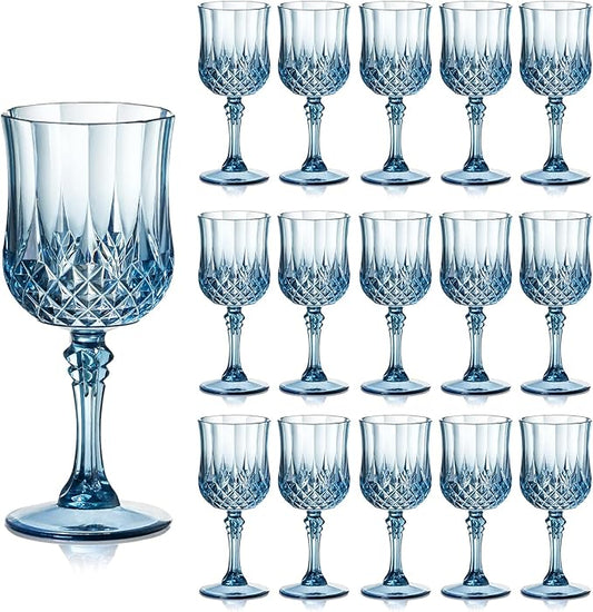 XUWAIDSGN 7oz Plastic Vintage Wine Glasses Drinking Glasses Unbreakable Wedding Glassware Crystal Water Goblets Reusable Drinkware Vintage Champagne Flutes(16, Blue)