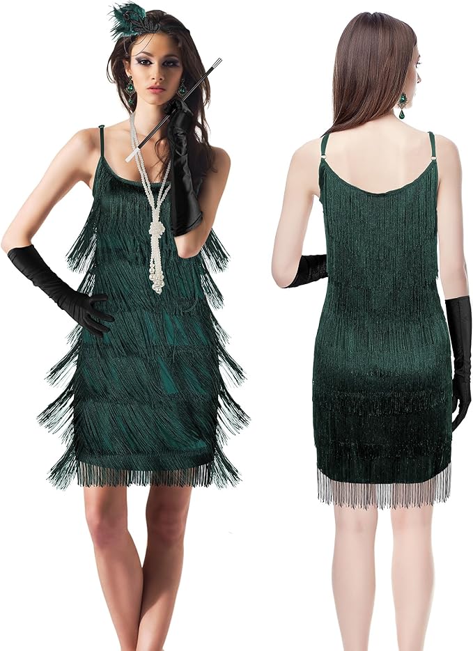 Zhanmai 6 Pcs Flapper Dress Flapper Costumes for Women 1920s Accessories Set Headband Pearl Necklace Earrings Gloves Stick