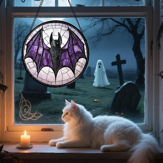 Stained Glass Window Hanging - Halloween Black Bat Purple Wings Monster Suncatcher for Doors Garden Home Spooky Sun Catchers Gothic Decor Horror Gift for Women Men Friend Boy Girl 7.8 in
