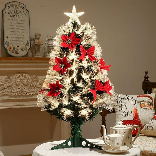 Joyhalo 3 FT Fiber Optic Mini Christmas Tree, Pre Lit Christmas Tree, Table Top Small Christmas Trees with Star Tree Topper，Flowers, Bows, Metal Stand