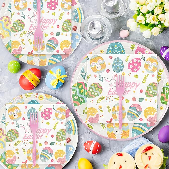 96Pcs Easter Paper Plates and Napkins - Easter Eggs Themed Tableware Set Include 7 & 9Inch Paper Plates Napkins Forks Disposable Decoration Supplies for Kid's Birthday Party, Serve 24
