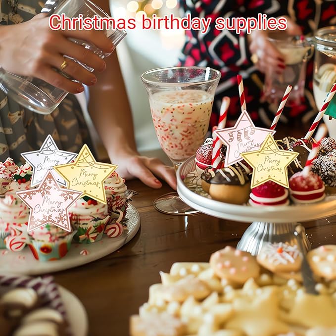 36 Pcs Christmas Cupcake Toppers Acrylic Mirror Star Cupcake Toppers Little Star Cake Decorations for New year Christmas Party Supplies