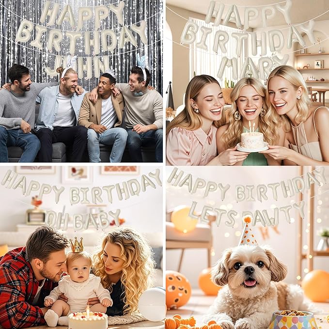65 Pcs Cream Happy Birthday Balloons and 2 Sets A-Z Letters Foil Balloons, Beige 16 Inch Personalized Name Happy Birthday Banners for Wedding Baby Shower Anniversary Party Decorations (Cream)
