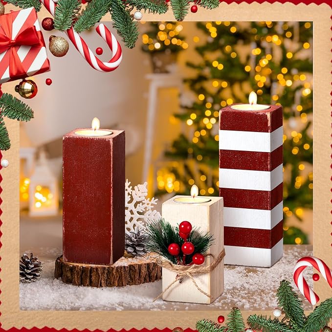 3 Pcs Christmas Candle Holders with Candles Wooden Xmas Tealight Candle Holders Decorations Red White Striped Votive Wood Candlestick Christmas Table Centerpiece for Xmas Party Favors Decor