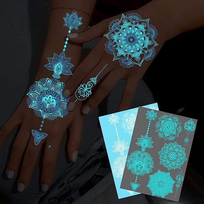4 Sheets Blue Luminous Mandala Flower Tempoprary Tattoos For Women Girls Adults Hands Arm, Sexy Tribal Lace Lotus Glow In The Dark Fake Tattoo Stickers, Night Glitter Wedding Festival Party Supplies