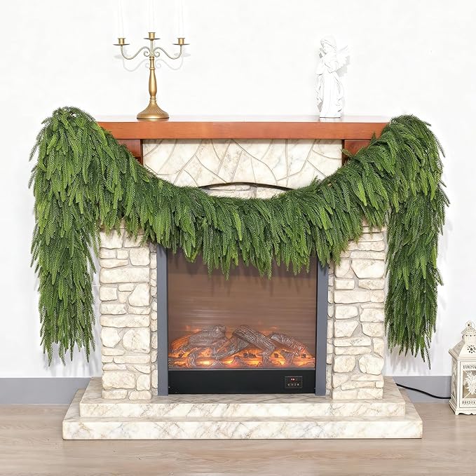Christmas Norfolk Pine Garlands - 9ft Artificial Garland Faux Green Fake Pine Needles Garland for Fireplace,Table,Window,Stairs,Mante,Holiday Indoor Outdoor Xmas Decor(2PCS)