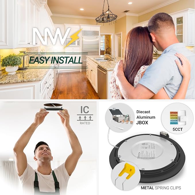 NUWATT 6 Inch Black Gimbal LED Recessed Lighting Canless Wafer Lights, 5CCT 2700K/3000K/3500K/4000K/5000K, Dimmable, 1050LM, 12W, Downlight Adjustable Recessed Swivel LED Sloped Ceiling Light, 6 Pack