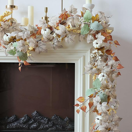MIZII Fall Decor Artificial Maples Leaf Pumpkin Garland 6FT Autumn Maple Vines Garland Thanksgiving Halloween Harvest Decorations for Home Porch Mantle Fireplace Farmhouse Outdoor Indoor (6FT,Fall)