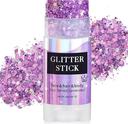 MEICOLY Light Purple Hair Glitter Stick for Kids,Halloween Face Glitter Stick Spirit Week Wear,Women Costume Sparkle Chunky Glitter Makeup,Waterproof Body Glitter for Party Rave Festival