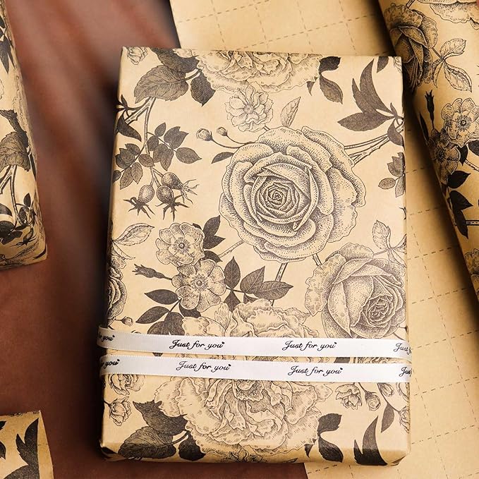 YXTII Kraft Floral Wrapping Paper, Gift Wrap with Cut Lines, Vintage Black Floral Design for Birthday, Wedding, Valentines, Christmas, Bridal Shower, Baby Shower, 17 Inches x 9.8 Feet, Mini Roll