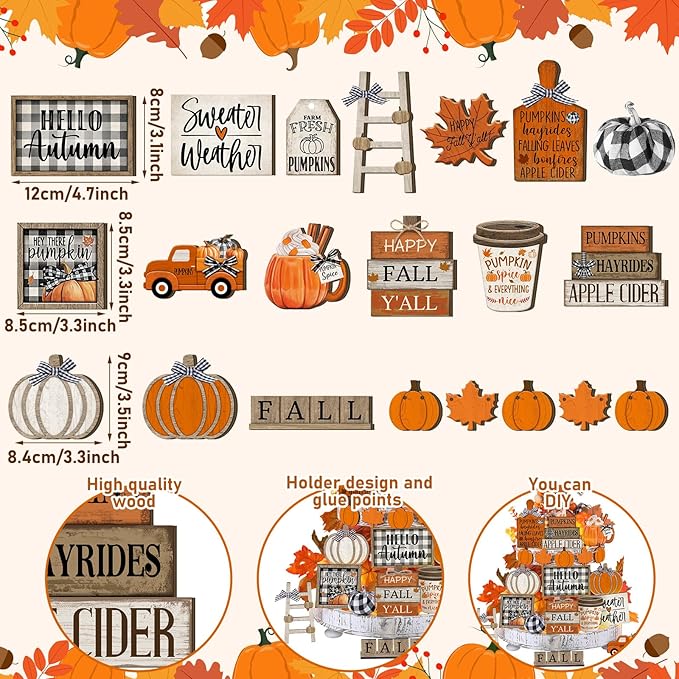 21 Pcs Fall Thanksgiving Tiered Tray Decoration Set Thanksgiving Table Sign Pumpkins Farmhouse Gnome Maple Leaves Centerpieces Harvest Wood Blocks Signs Fall Block Tabletop for Autumn