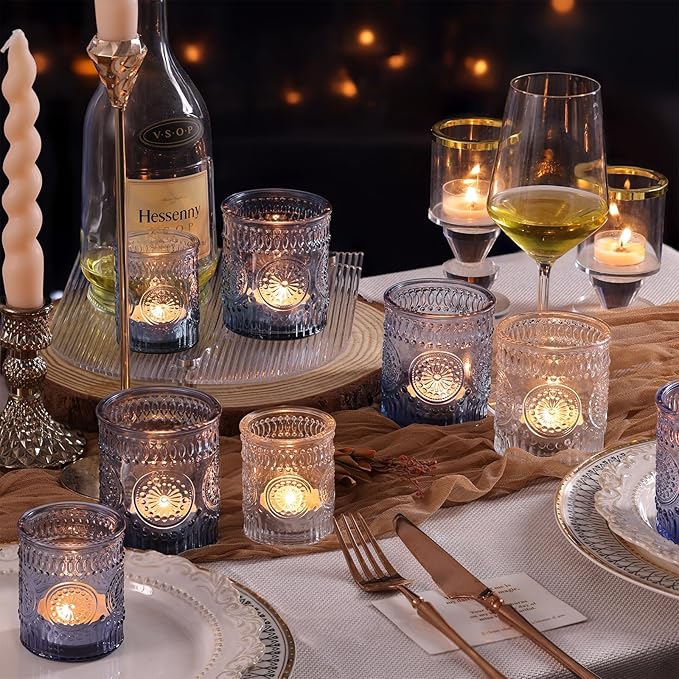 Volens 20pcs Assorted Blue Votive Candle Holders Bulk, Large Glass Votive & Tea Light Candle Holder for Wedding Table Centerpieces, Blue Party Decorations, and Home Decor