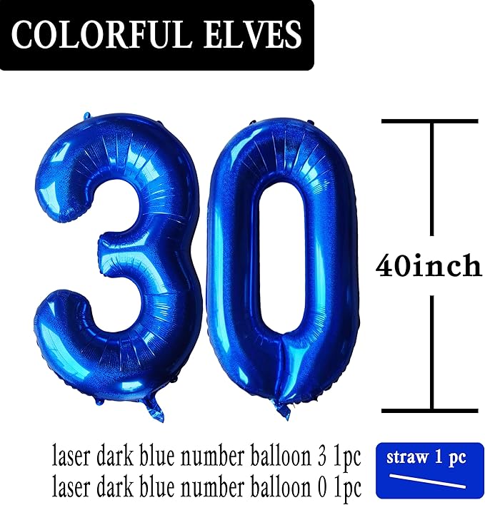 Laser Navy Blue Number 30 Balloons 40 Inch Giant Number Dark Blue 30 Foil Mylar Balloons for 30th Birthday Anniversary Events Party Decorations