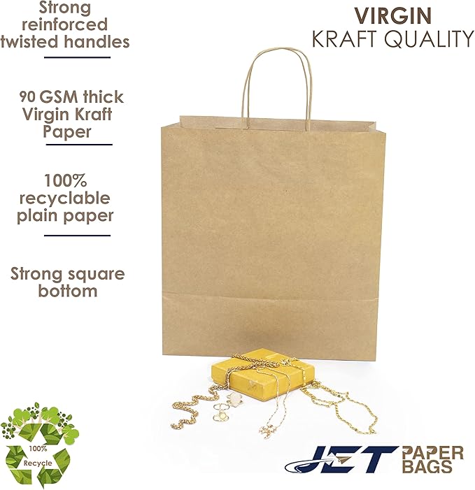 JET PAPER BAGS - 11x7x12 Inch [250 Pcs] Brown Paper Bags with Handles Prime for Takeout, Grocery, Goody, Retail, Party, Gifts, Weddings