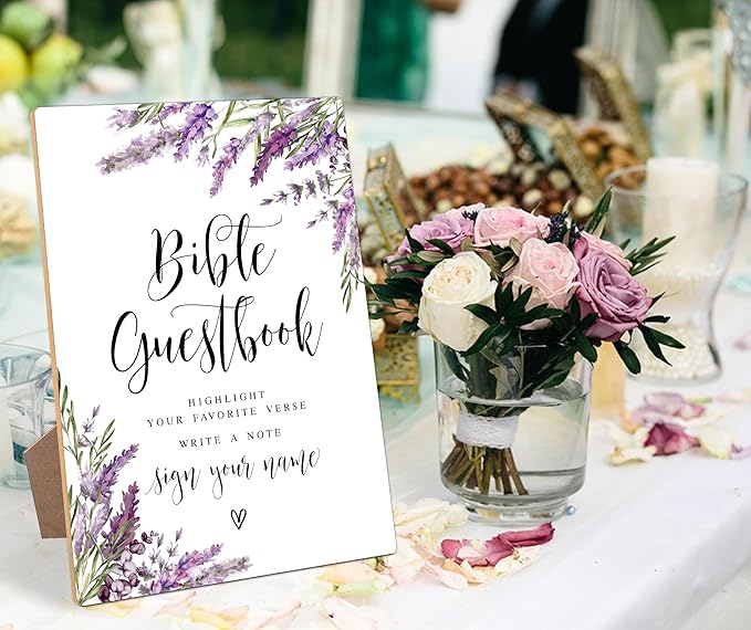 Bible Guest Book Sign, Lavender Bridal Shower Decorations, Guest Book for Party, Wedding Reception Table Decorations, Floral Wooden Sign with Stand for Wedding Reception And Bridal Party Decor, 41