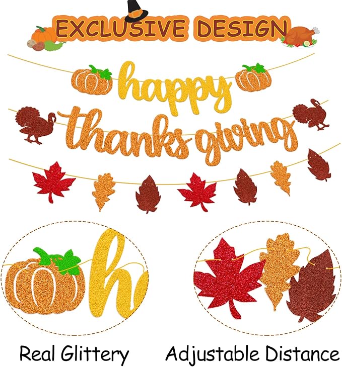 Happy Thanks Giving Banner Fall Leaves Garland Thanksgiving Day Autumn Turkey Theme for Happy Thanksgiving Party Glitter Gold Decoration