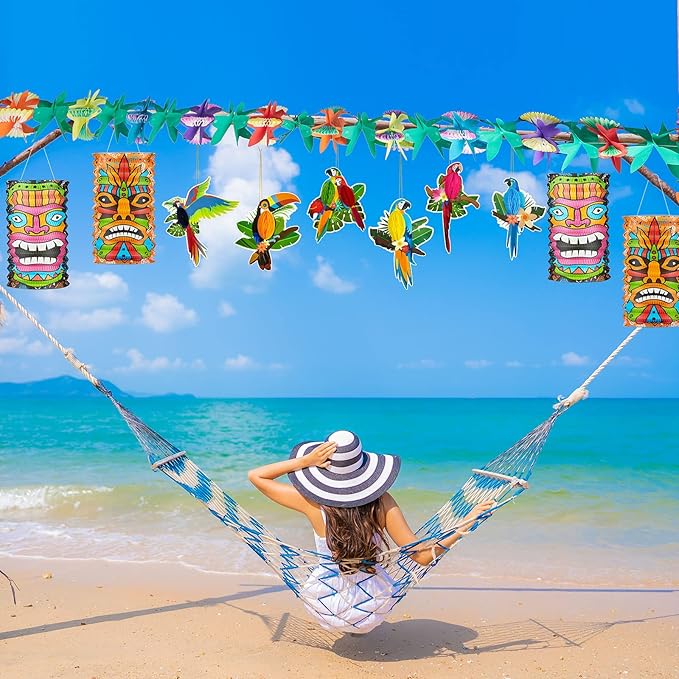 12 Piece Luau Party Decor Set 9.8 ft Hawaiian Tropical Hibiscus Garland Party Decoration Hawaii Paper Tiki Lanterns Tropical Birds Honeycomb Cutouts for Summer Birthday Hawaiian Themed Parties