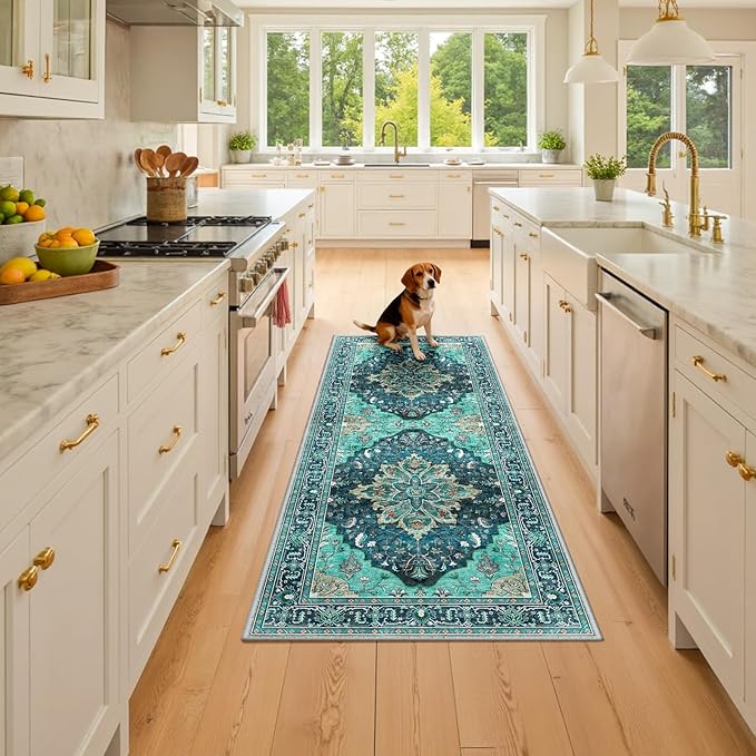 Area Rugs 2'x6' Washable Non-Slip, Floral Vintage Distress Print Pattern Medallion Carpet for Living Room Bedroom Dining Room, Teal Green Lake Blue Turquoise