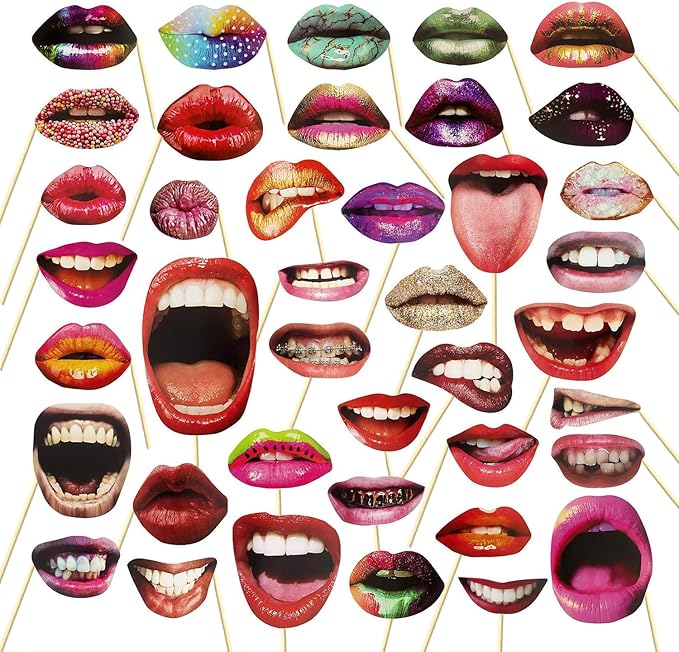 40pcs Party Photo Booth Props, Funny Lips Mouth Selfie Props Accessories with Stick for Halloween Birthday Wedding Graduation Supplies Decoration