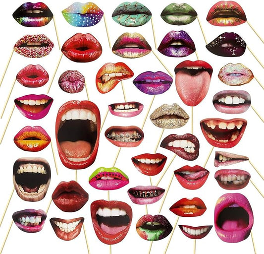 40pcs Party Photo Booth Props, Funny Lips Mouth Selfie Props Accessories with Stick for Halloween Birthday Wedding Graduation Supplies Decoration