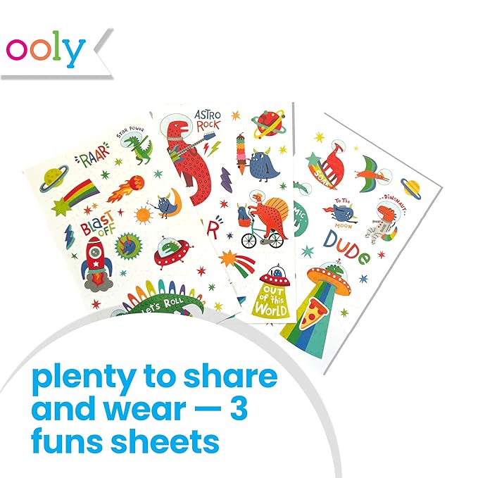 Ooly 40+ Glow in the Dark Temporary Tattoos For Kids, Safe & Non-Toxic Temporary Tattoo, Party Favors Gifts for Kids - Zero Gravity Dinos
