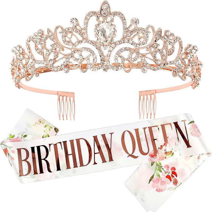 Rose Gold Tiara Crown for Women - Happy Birthday Flower Crown Sash, Party Favors Supplies, Cake Toppers, Gifts for Women, Halloween Cosplay