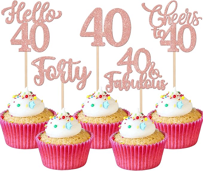 30PCS Happy 40th Birthday Cupcake Toppers Glitter Hello 40 Fabulous Forty Cheers to 40 Years Old Birthday Cupcake Picks for Happy 40th Birthday Anniversary Party Cake Decorations Supplies Rose Gold
