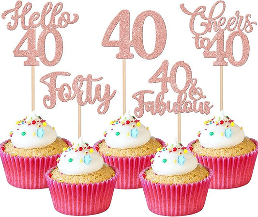 30PCS Happy 40th Birthday Cupcake Toppers Glitter Hello 40 Fabulous Forty Cheers to 40 Years Old Birthday Cupcake Picks for Happy 40th Birthday Anniversary Party Cake Decorations Supplies Rose Gold