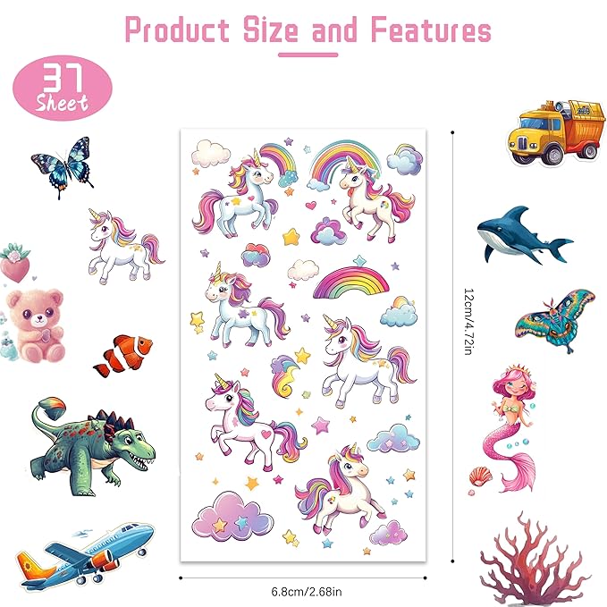 Tattoos for Kids, 350+ Mixed Styles (37 Sheets) Temporary Tattoos Stickers Set Gift for Girls and Boys, Space Dinosaur Animals Butterfly Tattoos for Kids Birthday Party Supplies