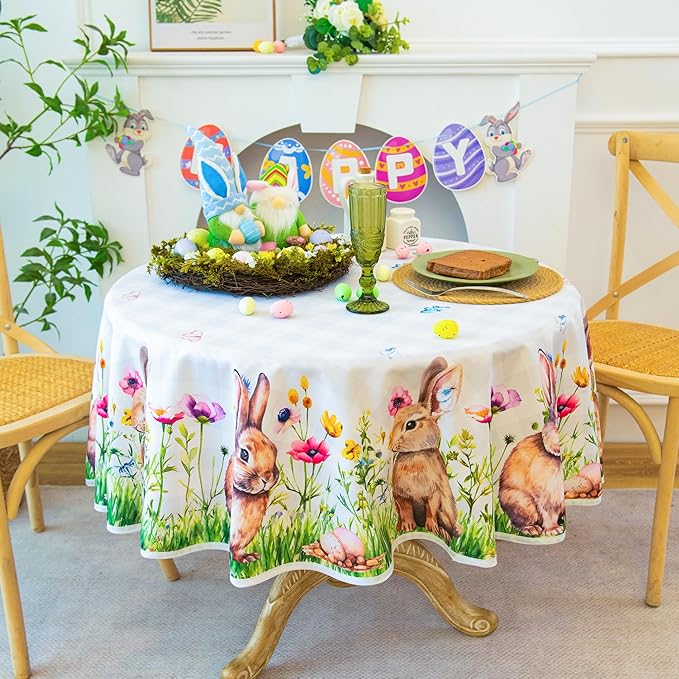 Easter Bunny Tablecloth Waterproof, Spring Floral Print Rectangular Table Cloth, Stain Resistant Table Cover Perfect for Dining & Kitchen Decor, 60 inch Round