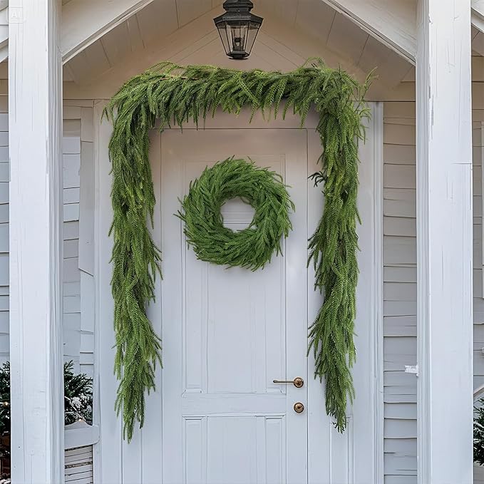Norfolk Pine & Cedar Garland Set - 4x 6FT Realistic Artificial Cedar Garland Christmas Greenery for Mantle, Staircase, Indoor/Outdoor Holiday Decor Lush Evergreen