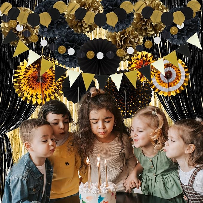 ZERODECO Gold and Black Party Decorations, Hanging Paper Fan Pom Poms Pennant Garland String Banner Fringe Curtains Birthday Parties Graduation Wedding Happy New Year Eve Party Decorations