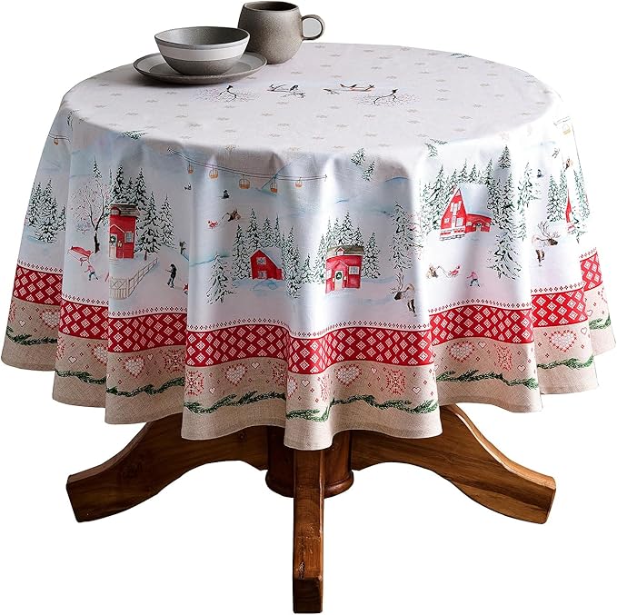 Maison d' Hermine Table Cloth Round Table 100% Cotton 63 Inches Fall Tablecloth Reusable Everyday Use for Thanksgiving Christmas Decorations Dining Farmhouse Party (Rural Christmas)