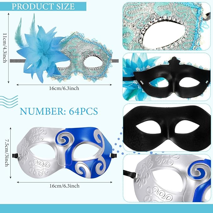 Sratte Couple Masquerade Mask with Feather Flower Unisex Half Face Venetian Mask for Mardi Gras Party